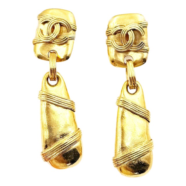 Chanel Rare Vintage Gold Plated CC Rectangle Tear Drop Stripe Large Clip on Earrings, A Pair For Sale