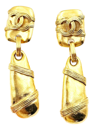 Chanel Rare Vintage Gold Plated CC Rectangle Tear Drop Stripe Large Clip on Earrings, A Pair
