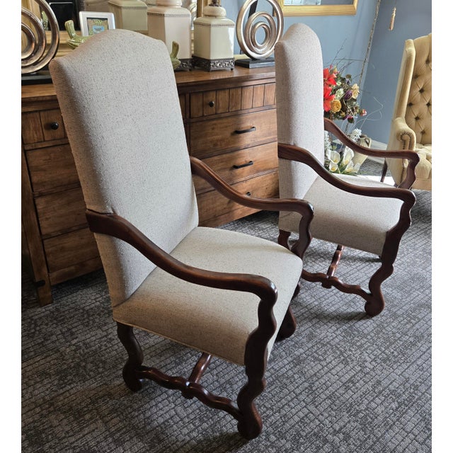 Nice pair of high-back upholstered curved wood chairs. Unique, ornate, curved and rounded wood. 48 inches tall 21.5 inches...