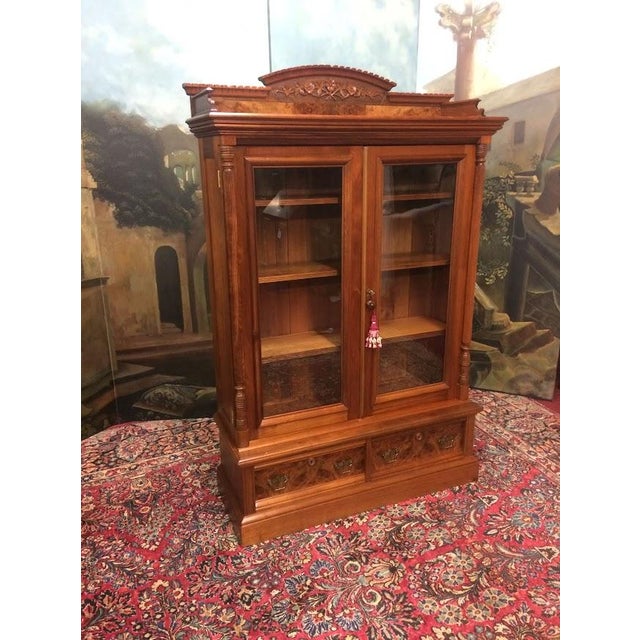 Victorian Antique Victorian Bookcase, Walnut Bookshelf With Glass Doors For Sale - Image 3 of 18