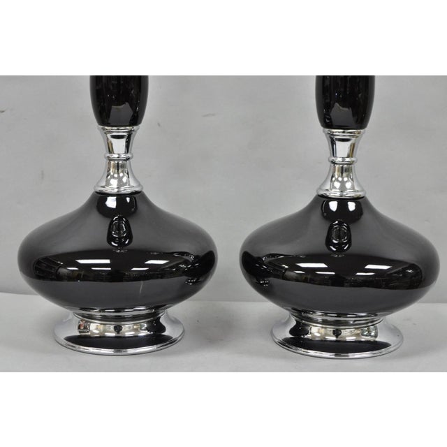 Black Vintage Mid Century Modern Black Glazed Ceramic & Chrome Table Lamps - A Pair For Sale - Image 8 of 12