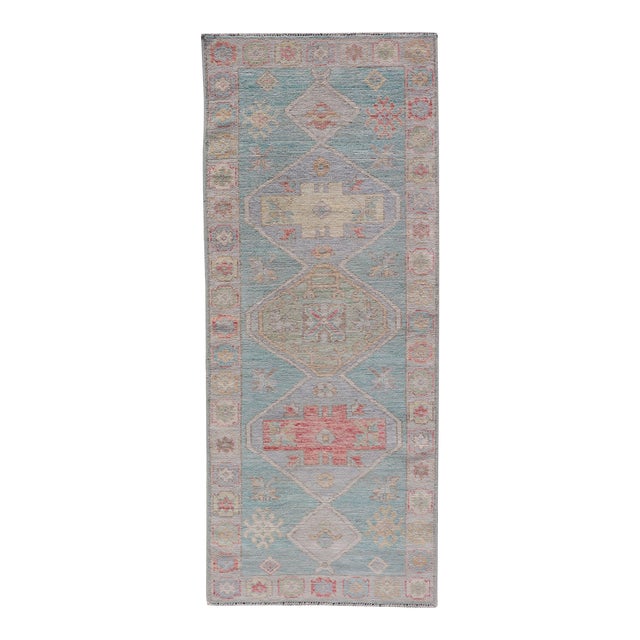 Modern Small Oushak Runner With Teal-Blue Background and Medallion Motif For Sale