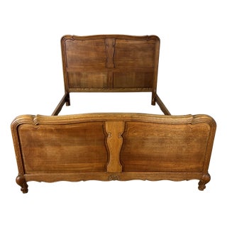 Vintage French Louis XVI Oak Double Bed Frame with Carved Headboard For Sale