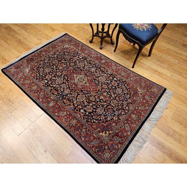 Vintage Kashan Rug, Hand-Knotted Wool & Cotton, Floral Pattern, Navy & Brick-Red, 4x6 For Sale - Image 15 of 16