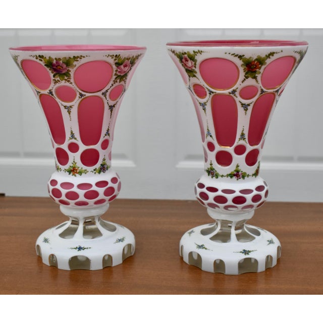 Vintage Pair of Moser? Bohemian Cased Glass Cranberry & White Hand Painted Vases For Sale - Image 4 of 13