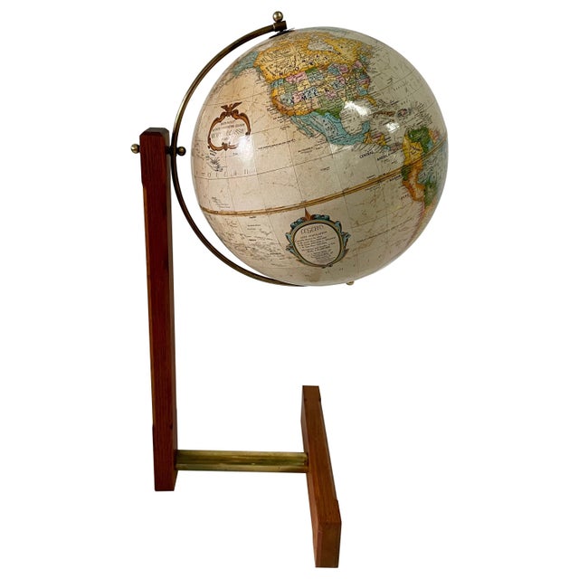 Extremely Rare Cantilevered Style Teak & Brass World Globe For Sale - Image 11 of 18