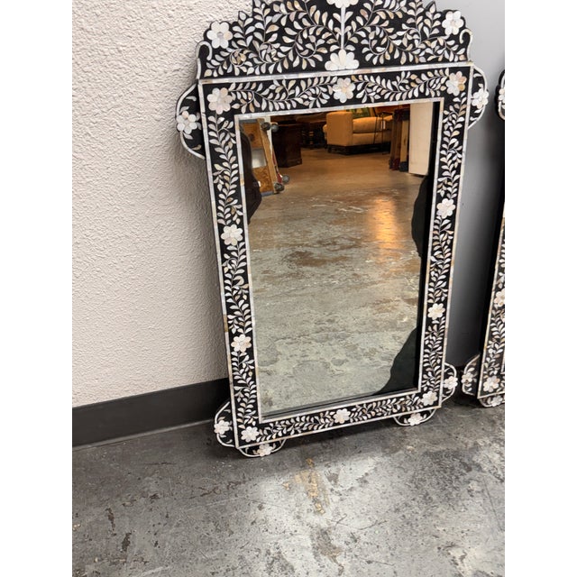 White Moroccan Style Mother-of-Pearl Inlaid Floral Wall Mirrors, Pair For Sale - Image 8 of 12