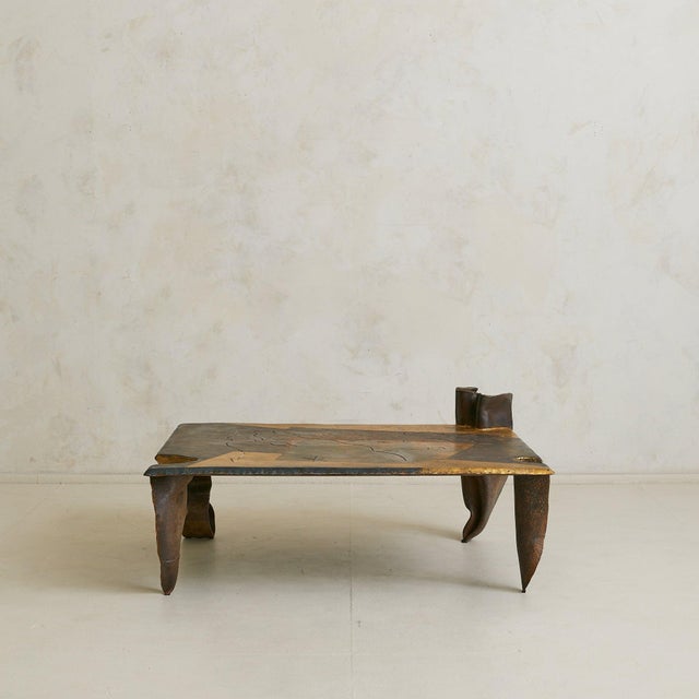 Brown French Brutalist Iron + Gold Leaf Coffee Table Attributed to Jean-Jacques Argueyrolles For Sale - Image 8 of 11