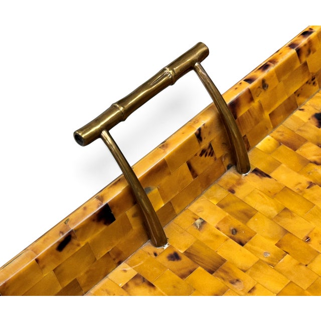 Boho Maitland Smith Tortoise Bamboo and Tessellated Penshell Tray Table For Sale - Image 10 of 18