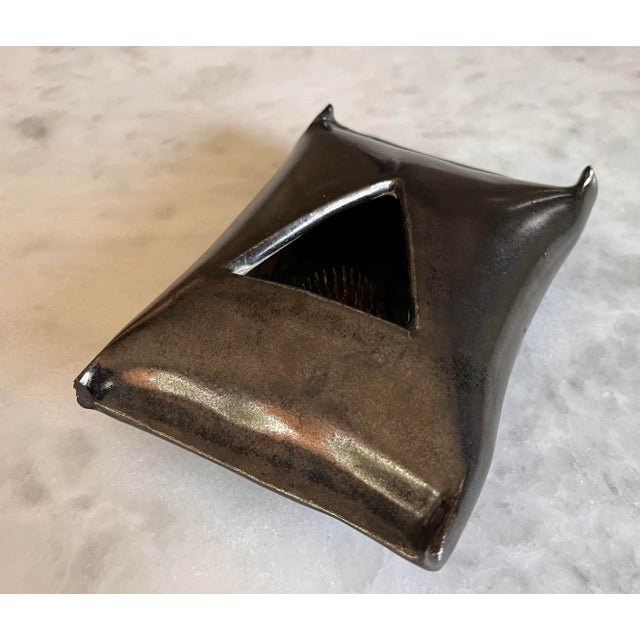 Interesting and unique handmade rectangle "pocket" ceramic vase with triangle opening with flower pin frog inside to hold...