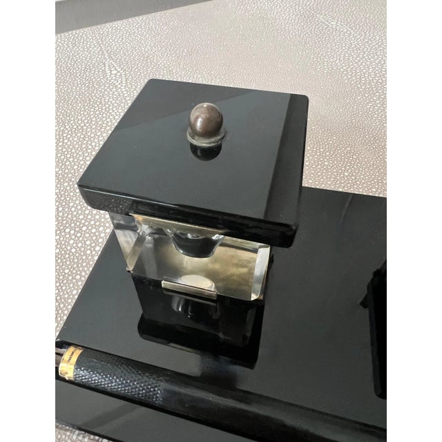 Metal Black Glass Ink Well with Brass Accents, Crystal Wells and Dipping Pen For Sale - Image 7 of 12