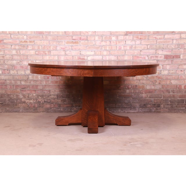 Antique Stickley Mission Oak Arts & Crafts Pedestal Dining Table With