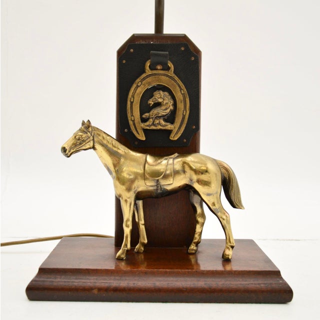 Brown Antique Brass and Oak Equestrian Table Lamp, 1920 For Sale - Image 8 of 10