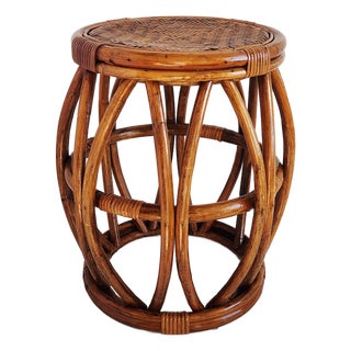 Vintage Bamboo & Rattan Drum Stool For Sale