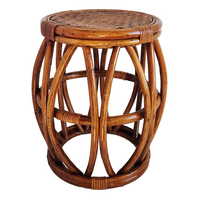 Vintage Bamboo & Rattan Drum Stool For Sale
