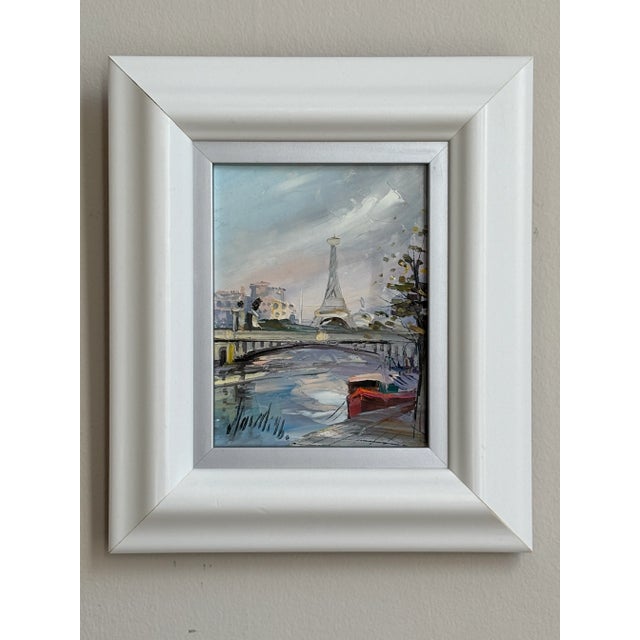 Late 20th Century Impressionist Paris Cityscape, Eiffel Tower From the Seine -- Oil on Canvas For Sale - Image 10 of 14