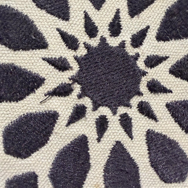 Vintage Modern White Moroccan Fabric Pouf Geometric Medallion For Sale - Image 4 of 9