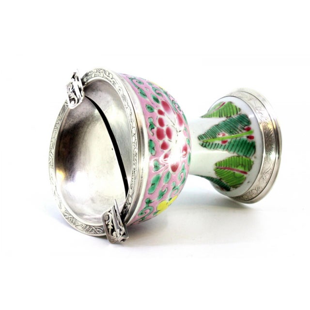 Metal Silver Ashtray with Hinged Lid and Chinese Ceramic Structure For Sale - Image 7 of 10