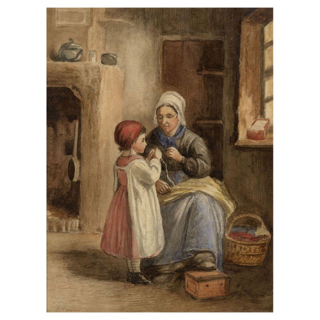 E. Rengert, Seamstress with Young Girl, 1871, Watercolour For Sale