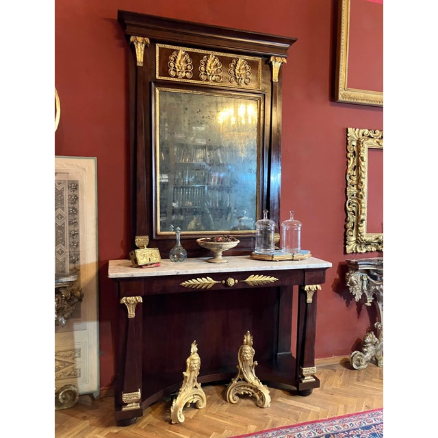 Italian Empire Mahogany and Parcel Gilt Console with Mirror and Carrara Marble Top For Sale - Image 14 of 18