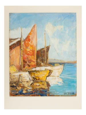 Fishing Boats in Venice, Oil on Panel, Framed