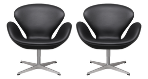 Vintage Swivel Swan Chairs in Black Leather by Arne Jacobsen for Fritz Hansen, 1950s, Set of 2