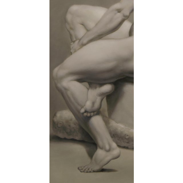 Figure in Balance Oil on Canvas 34” x 40” Framed, Black Floater Frame This striking painting by Philip Melville Courtney...