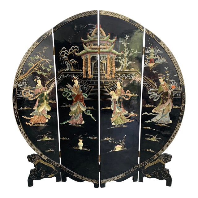 Vintage Chinoiserie Black Lacquer Inlaid Room Divider Screen For Sale