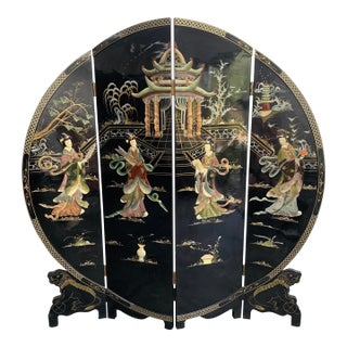 Vintage Chinoiserie Black Lacquer Room Divider Screen For Sale