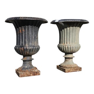Antique Classical Cast Iron Garden Urn Planters a-Pair For Sale