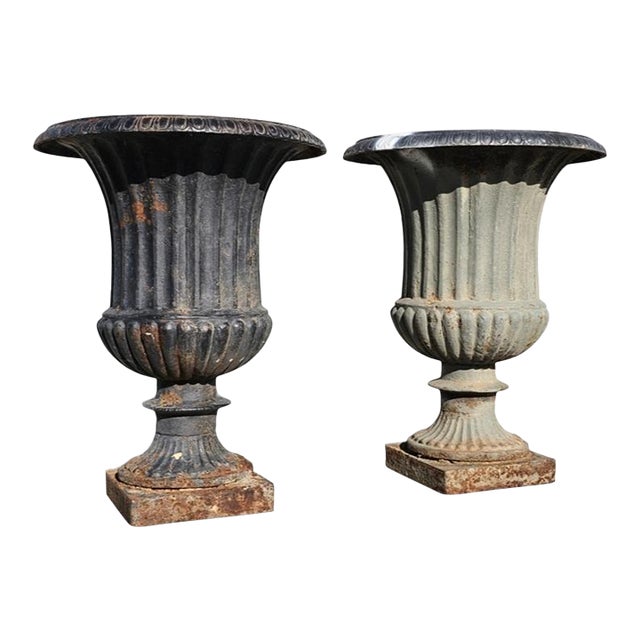 Antique Classical Cast Iron Garden Urn Planters a-Pair For Sale