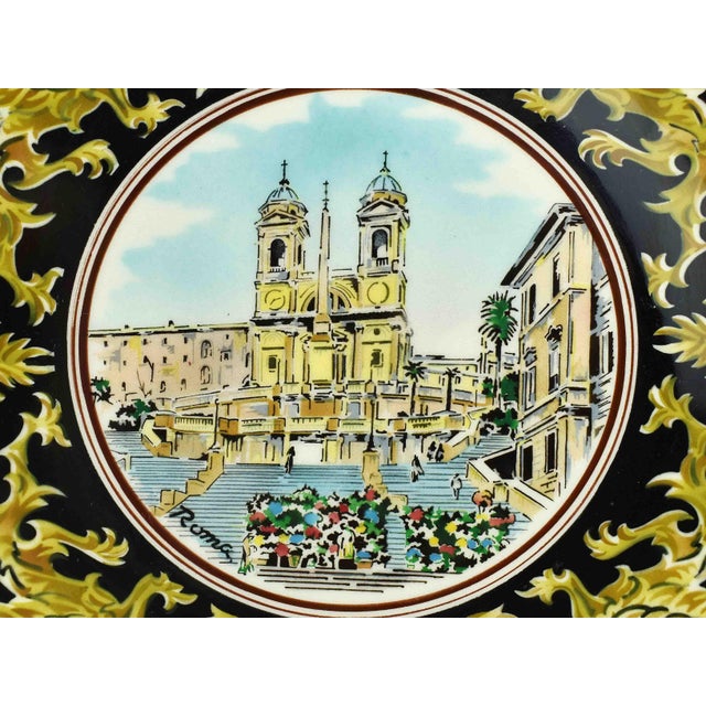 Mid-Century Modern Mid 20th Century Mid Century Modern Rome City Side View With Gold and Black Motif Italian Decorative Plate Wall Decor For Sale - Image 3 of 5