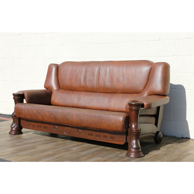 1970s Vintage 1970s Brown Leather Sofa With Sculptural Wood Frame, Attached Cushions & Postmodern Modernist Design For Sale - Image 5 of 18