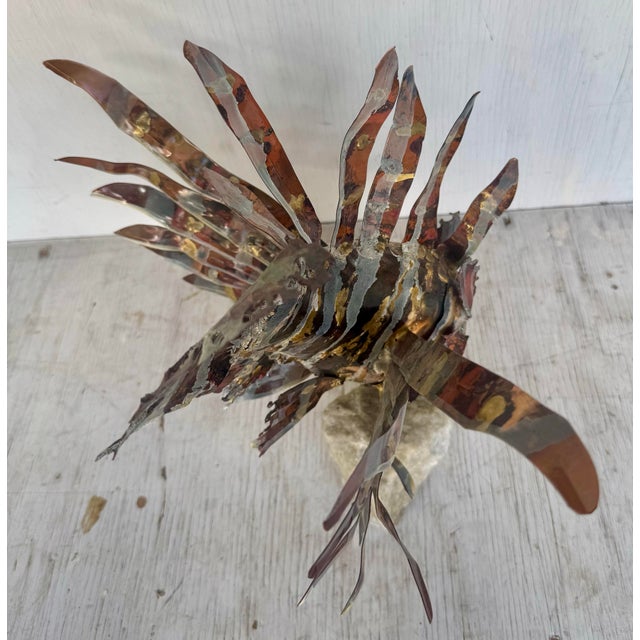 Vintage Modern Enamel on Copper Mounted on Quartz Base Tropical Lion Fish Sculpture For Sale - Image 9 of 11