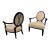 Pair of Baker Furniture Upholstered Barrel Back Lounge Chairs With Oval Medallion Backs For Sale