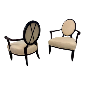 Pair of Baker Furniture Upholstered Barrel Back Lounge Chairs With Oval Medallion Backs