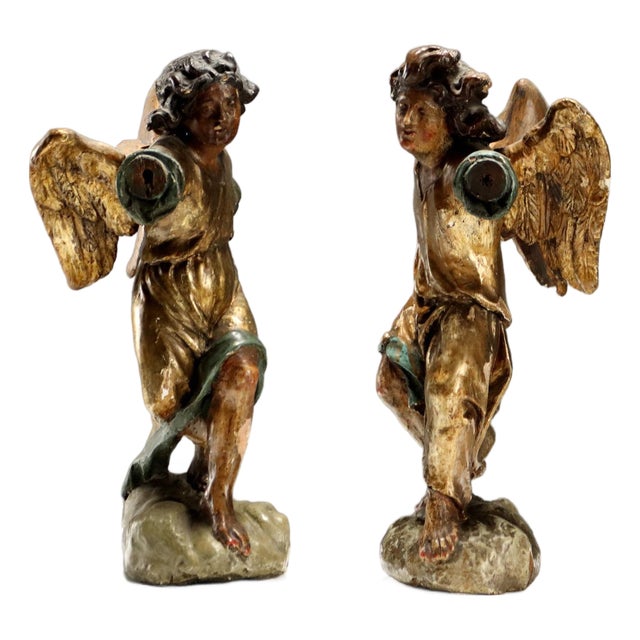 Angels in Carved, Lacquered and Gilded Wood, Set of 2 For Sale