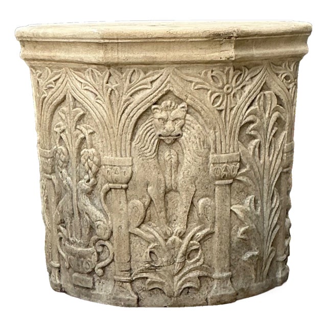 Vintage Cast Stone Lions Head Table Pedestal For Sale
