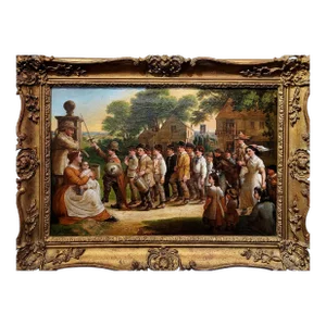 Charles Hunt Jr. -The Village Kids Regiment Marching-19th Century Oil Painting