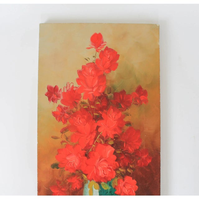 Vintage still life red roses painting by Robert Cox on canvas. Signed bottom right. Some age wear to paint on edges.