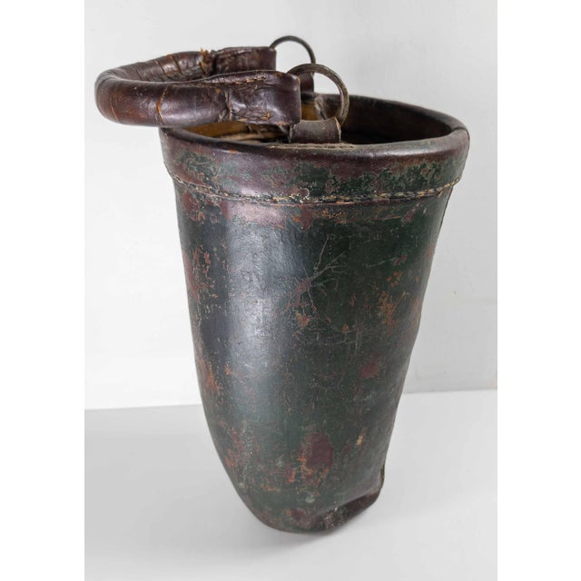 19th Century Rustic Farmhouse Green Painted Leather Fire Bucket For Sale - Image 4 of 10