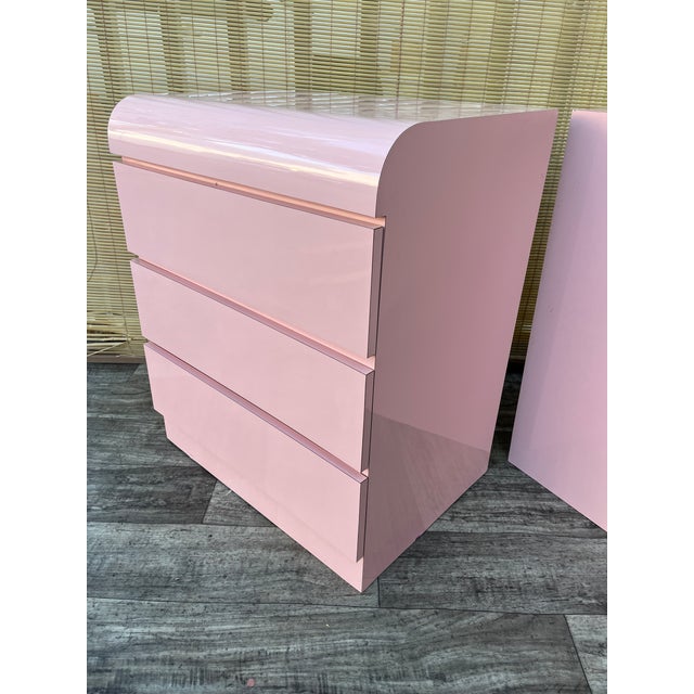 A Pair of Custom Made Postmodern Pink Waterfall Formica Nightstands. Circa 1980s For Sale - Image 14 of 18