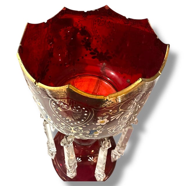 Late 19th Century Pair of Victorian Bohemian Ruby Glass Mantel Lusters With Original Prisms, C. 1880 For Sale - Image 5 of 14