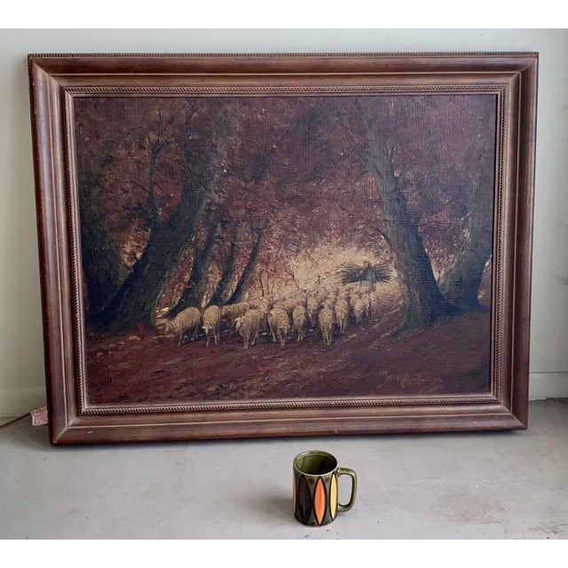 Textile Rare Old Barbizon Style Landscape Painting With Sheep on Burlap Signed For Sale - Image 7 of 12