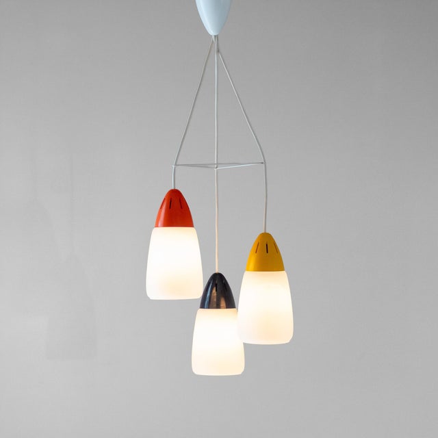 Mid-Century Modern Italian Modern Three-Light Pendant Light in Opaline Glass and Iron, 1970s For Sale - Image 3 of 13