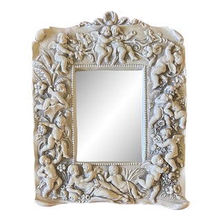 Vintage Small Mirror With Cherubs & Flowers Frame For Sale
