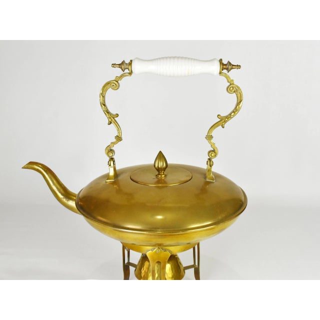 Mid-Century Modern Antique Victorian Brass Tea Kettle With Burner Set With Ceramic Handle For Sale - Image 3 of 12