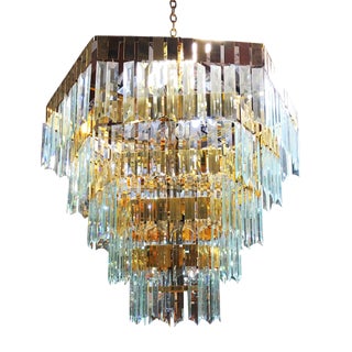 1970's Modernist Hanging Crystal Brass Chandelier For Sale