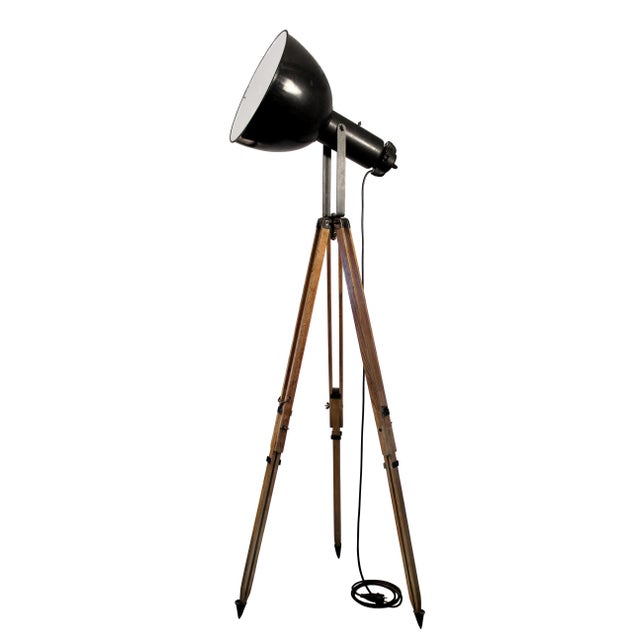 Vintage Industrial Black Enamel Spotlight on Wooden Tripod For Sale - Image 6 of 7