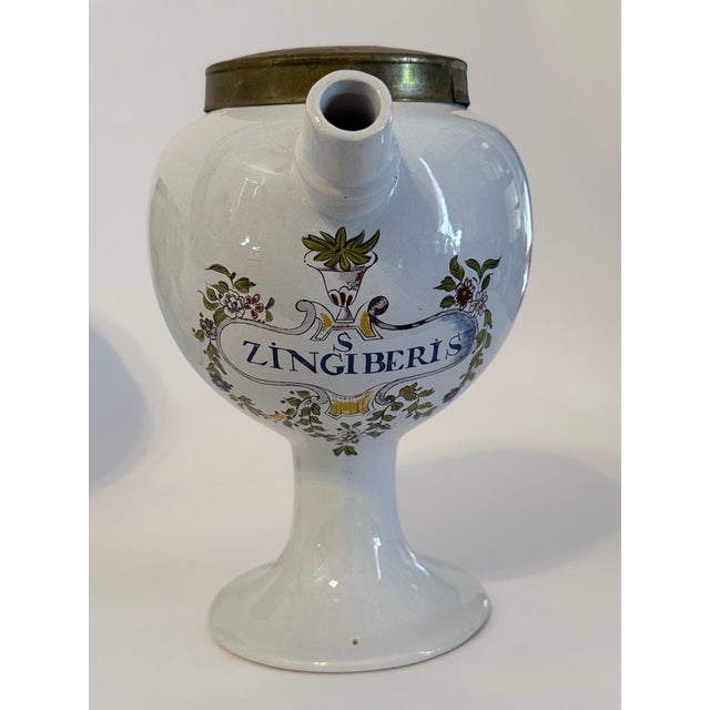 Late 19th Century 19th Century French Faience Apothecary Jars – Set of 7 – Hand Painted Pharmacy Canisters With Brass Lids For Sale - Image 5 of 9